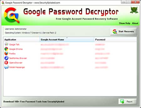 GooglePasswordDecryptor showing recovered passwords