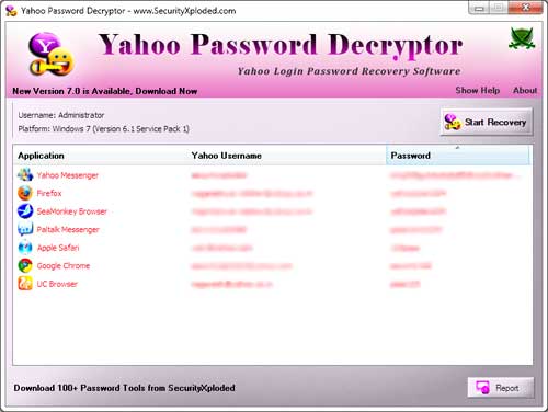 YahooPasswordDecryptor showing recovered passwords